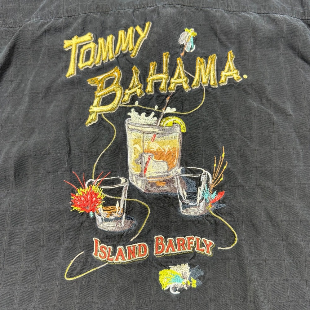 Tommy Bahama Island Barfly Silk Camp Shirt Mens Medium Blk Embroidered Cocktail